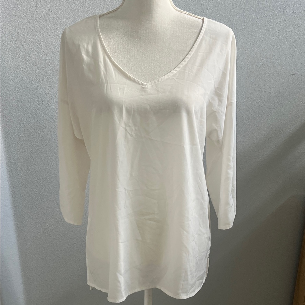 Old Navy Ivory V-Neck Tunic Blouse Roll Tab Sleeve Medium